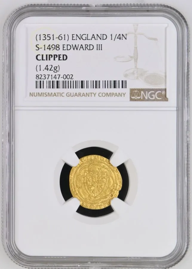 Лабораторный прибор 1/4 Noble 1351-1361 England Great Britain Edward III NGC Gol — фото лота 2