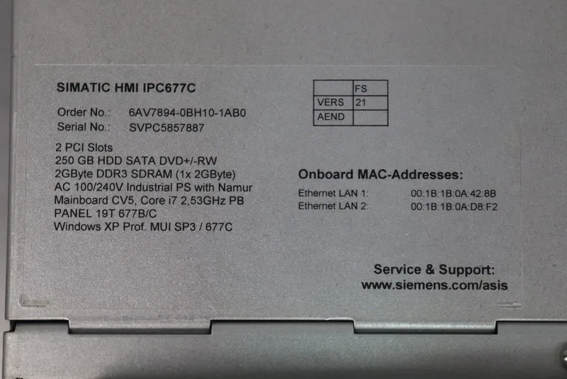 Промышленный компьютер Siemens HMI IPC677C Panel A5E02713398 A02 6AV7894-0BH10-1