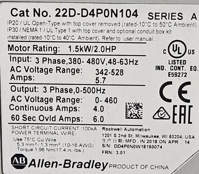 Частотный преобразователь 2014 22D-D4P0N104 Allen-Bradley PowerFlex 40P Drive 2 