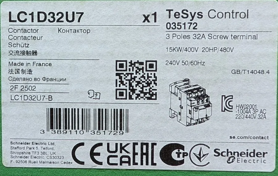 Контактор Schneider Electric Contactor 3 Pole 32A 3NO 240V AC Coil TeSys D LC1D3