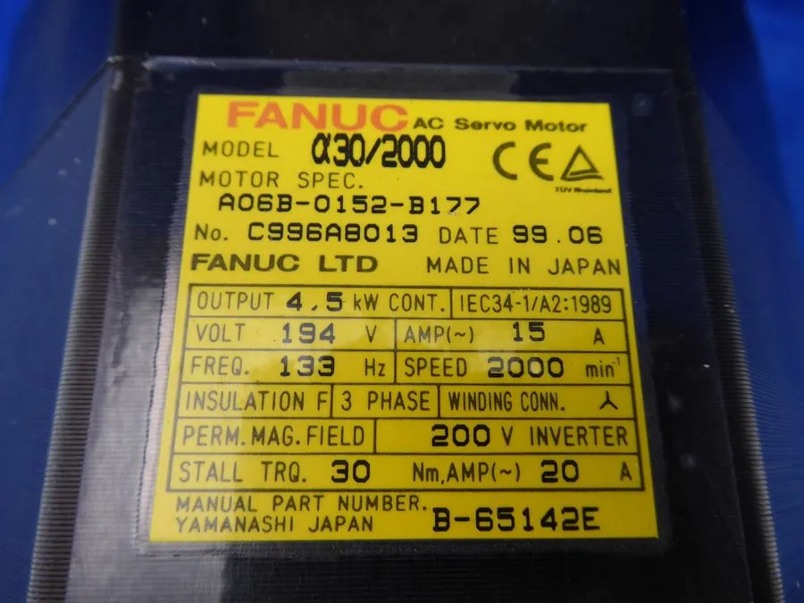 Серводвигатель Fanuc A06B-0152-B177 #0075 AC Servo Motor A30/2000-Reconditioned