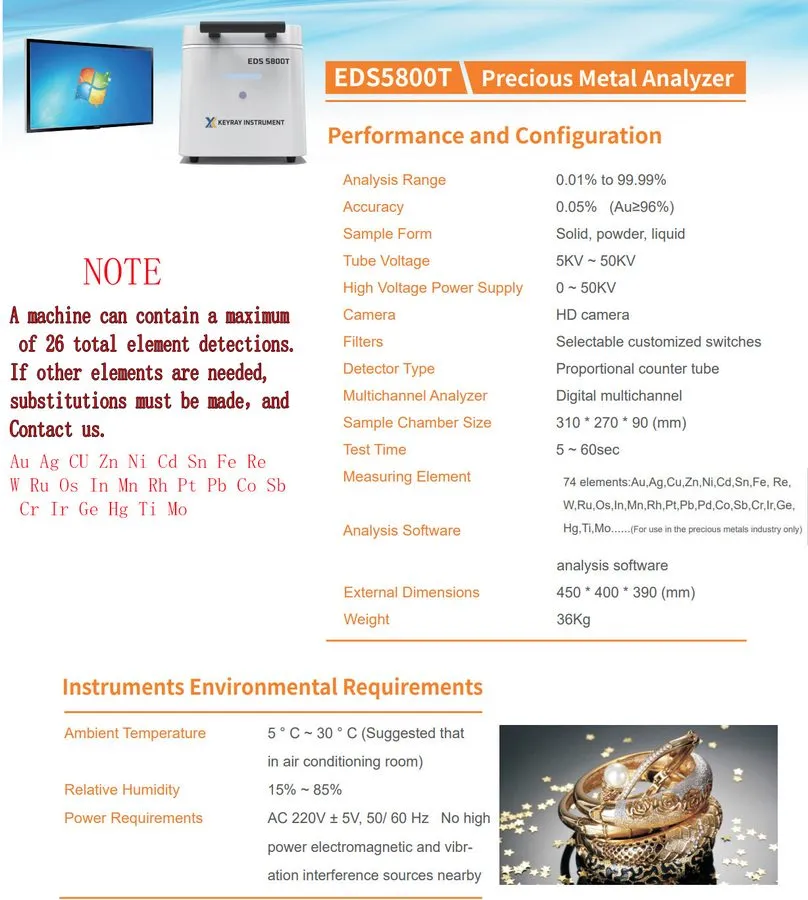 Анализатор спектра EDS-5800T 26 Elements XRF Spectrum Analyzer Gold Purity preci