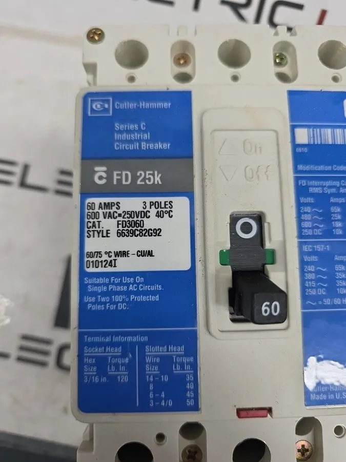 Автоматический выключатель EATON CUTLER HAMMER FD3060 60 AMP 600 VOLT CIRCUIT BR — фото лота 2