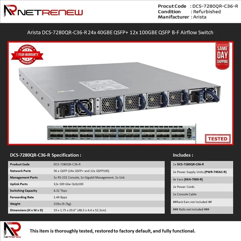 Трансивер Arista DCS-7280QR-C36-R 24x 40GBE QSFP+ 12x 100GBE QSFP B-F Airflow Sw