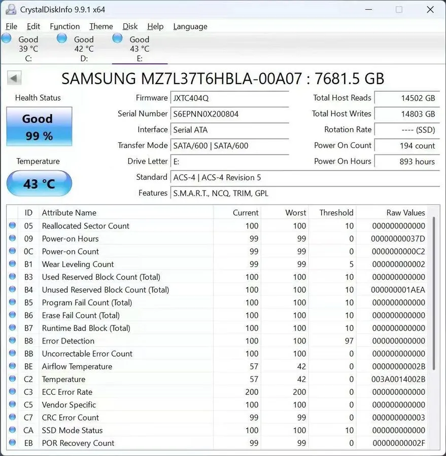 SSD-накопитель Samsung PM893 7.68TB SATA 6Gb/s 2.5" SSD MZ-7L37T60 MZ7L37T6HBLA