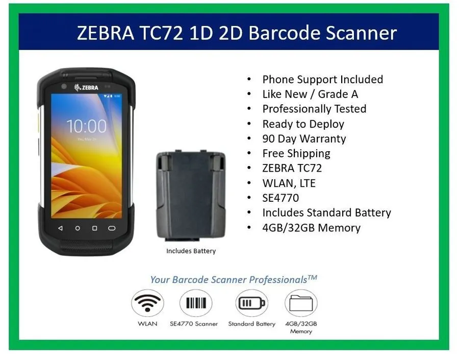 Сканер штрих-кода Zebra TC72 Android 14 1D/2D/QR Scanner TC720L-0ME24B0-NA