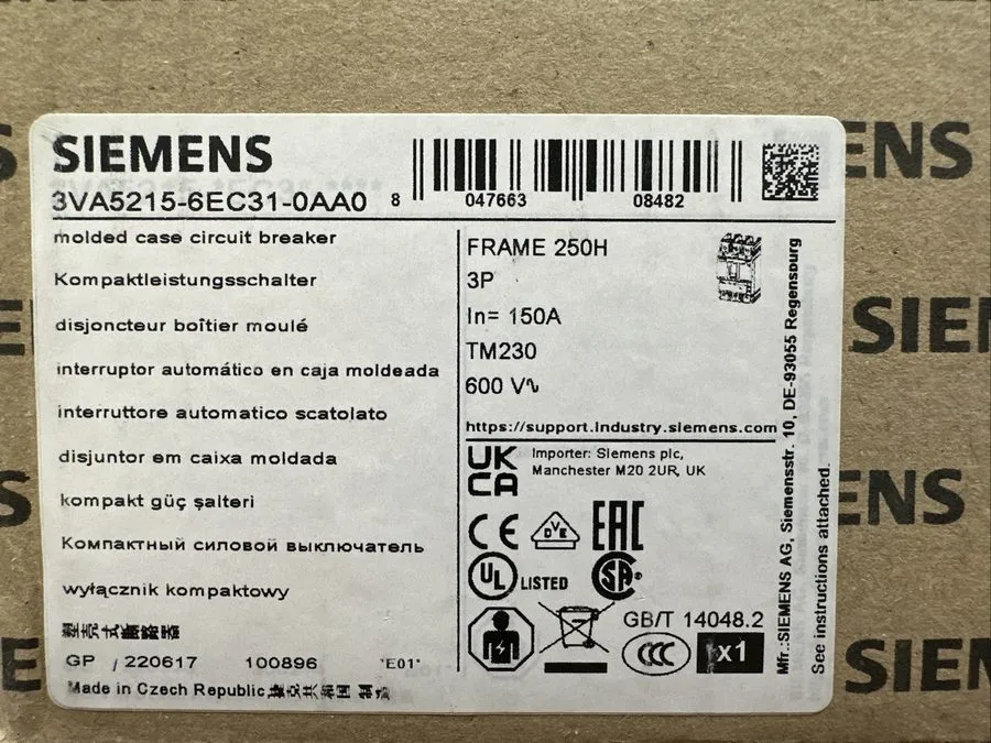 Автоматический выключатель SIEMENS 3VA5215-6EC31-0AA0 3 Pole 150 Amp Circuit Bre