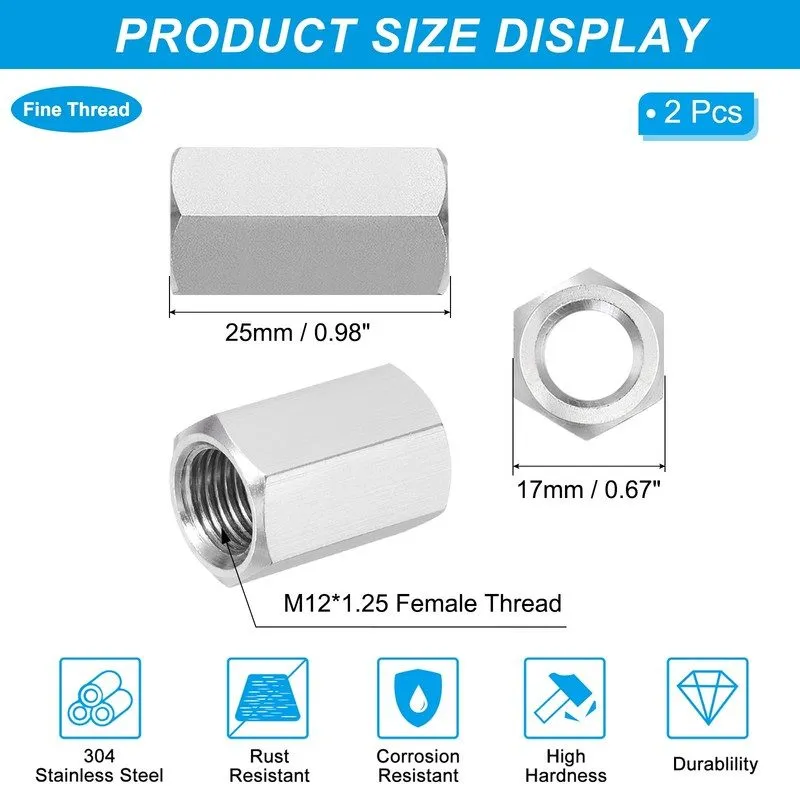Датчик M12x1.25 Pitch 25mm 0.98" 304 Stainless Steel Hex Coupling Nut Connector — фото лота 2