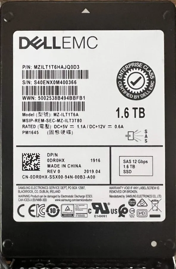 SSD-накопитель Dell EMC 1.6TB 2.5" SAS 12GbpsEnterprise SSD Samsung PM1645 0DR0H — фото лота 1