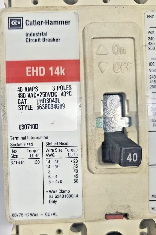 Автоматический выключатель EATON CUTLER HAMMER EHD3040L CIRCUIT BREAKER ED14K 40