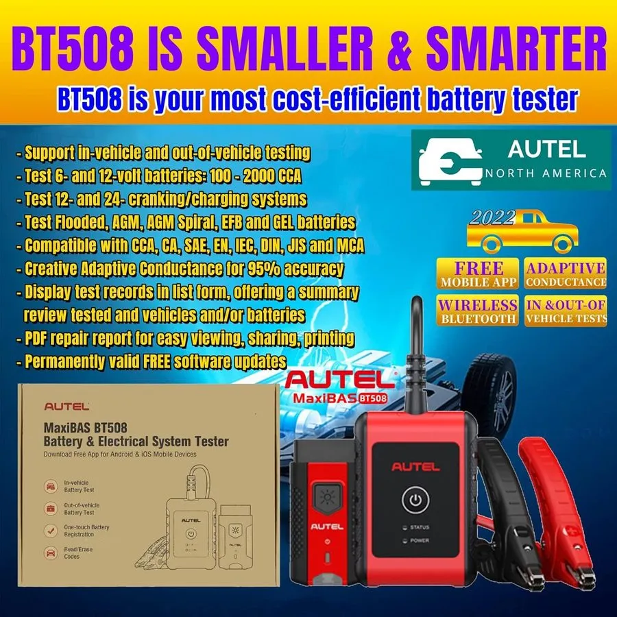 Батарея Autel MaxiBAS BT508 Car Battery Tester 100-2000 CCA Automotive Battery A — фото лота 2