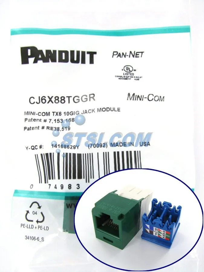 Модуль Keystone Panduit CJ6X88TGGR Cat6a 10 Gig Mini-Com Jack, Green Quantity 10 — фото лота 1