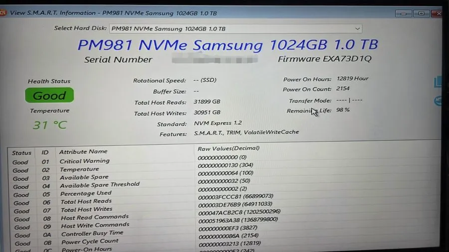 SSD-накопитель SAMSUNG PM981 1TB M.2 NVMe PCIe 3.0 x4 SSD MZ-VLB1T0A (95%+ Healt