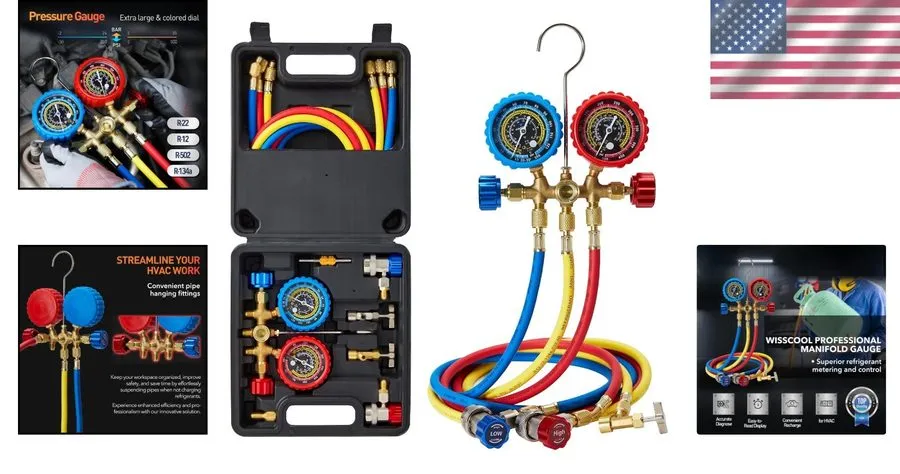 Клапан 3-Valve AC Gauge Set: Durable Hoses, Quick Couplers & Moisture Indicator — фото лота 1