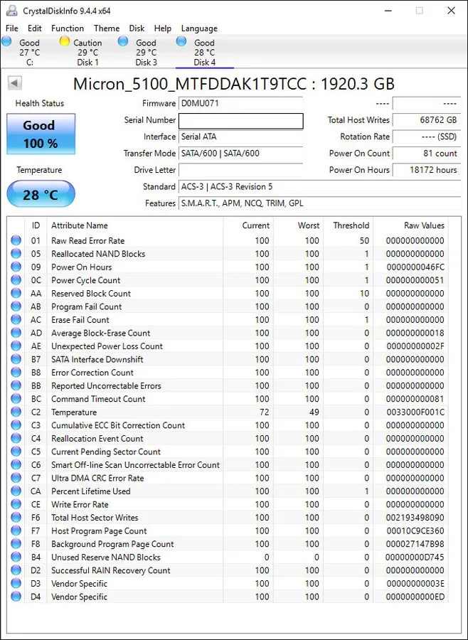 SSD-накопитель Micron 5100 Max 1.92TB SATA 3 6Gb/s 2.5" SSD MTFDDAK1T9TCC (75% H