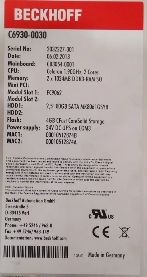 Промышленный компьютер Beckhoff C6930-0030 Industrial computer