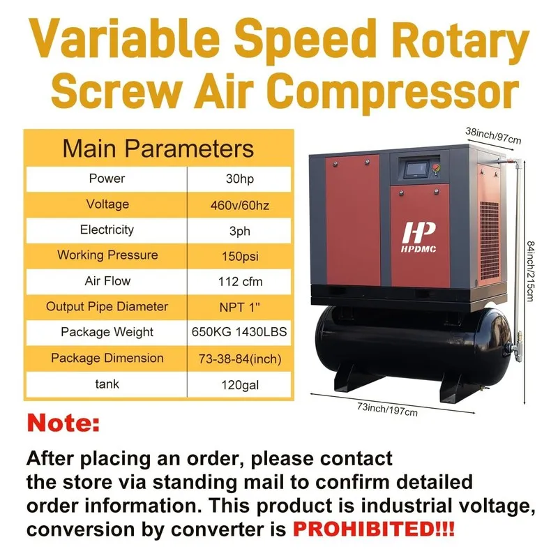 Компрессор 22KW 460V 30HP 3Ph 112CFM VSD Screw Compressor With Air Dryer 120 Gal