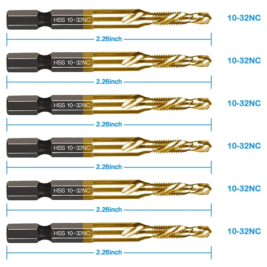 Режущий инструмент 6-pc 10-32NC Combination Drill Tap Bit Set SAE, Thread Size, 