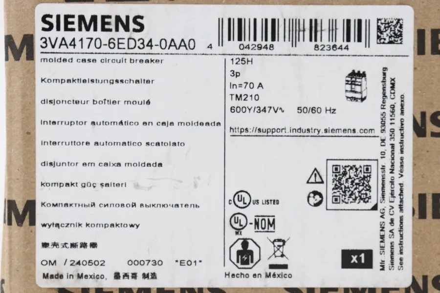 Автоматический выключатель 3VA4170-6ED34-0AA0 SIEMENS 3 POLE 70A 480V 65kA CIRCU