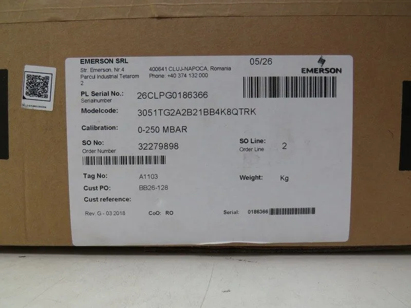 Датчик давления Emerson Rosemount 3051TG2A2B21BB4K8QTRK 0-250MBAR Pressure Trans