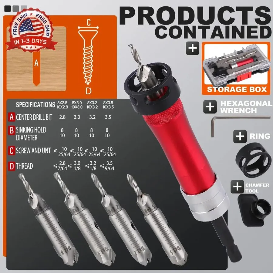 Док-станция Metal Countersink Drill Bit Set 10-in-1 with Depth Stop, 4 Reversibl