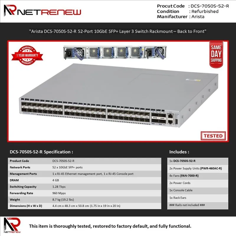 Коммутатор Arista DCS-7050S-52-R 52-Port 10GbE SFP+ Layer 3 + Switch