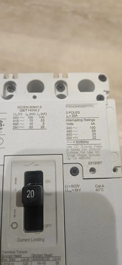 Автоматический выключатель Eaton PDG23M0020TFFL Bolt-On Circuit Breaker 20A 3P 4 — фото лота 2