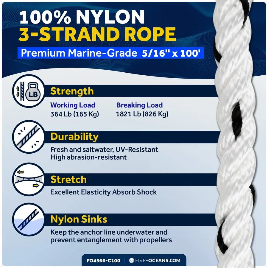 Таль Anchor Line 5/16 inch x 100 ft Rope Line 3-Strand White Thimble & Shackle