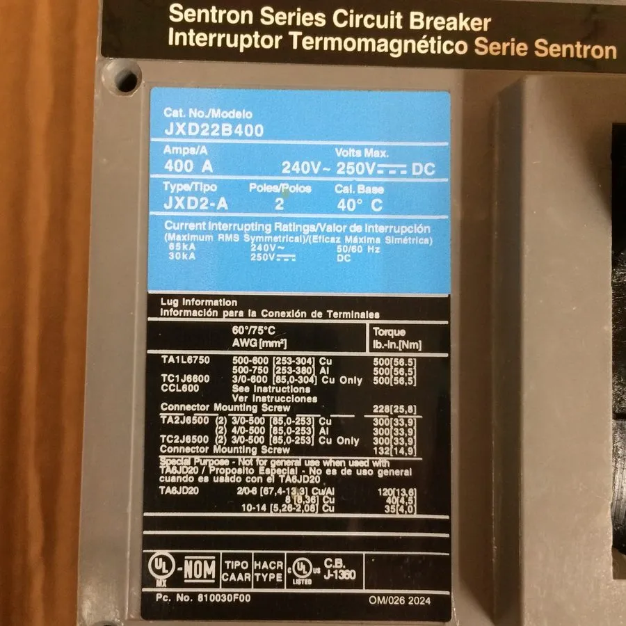 Автоматический выключатель Siemens JXD22B400 400A 2-Pole 240V Sentron Series Cir
