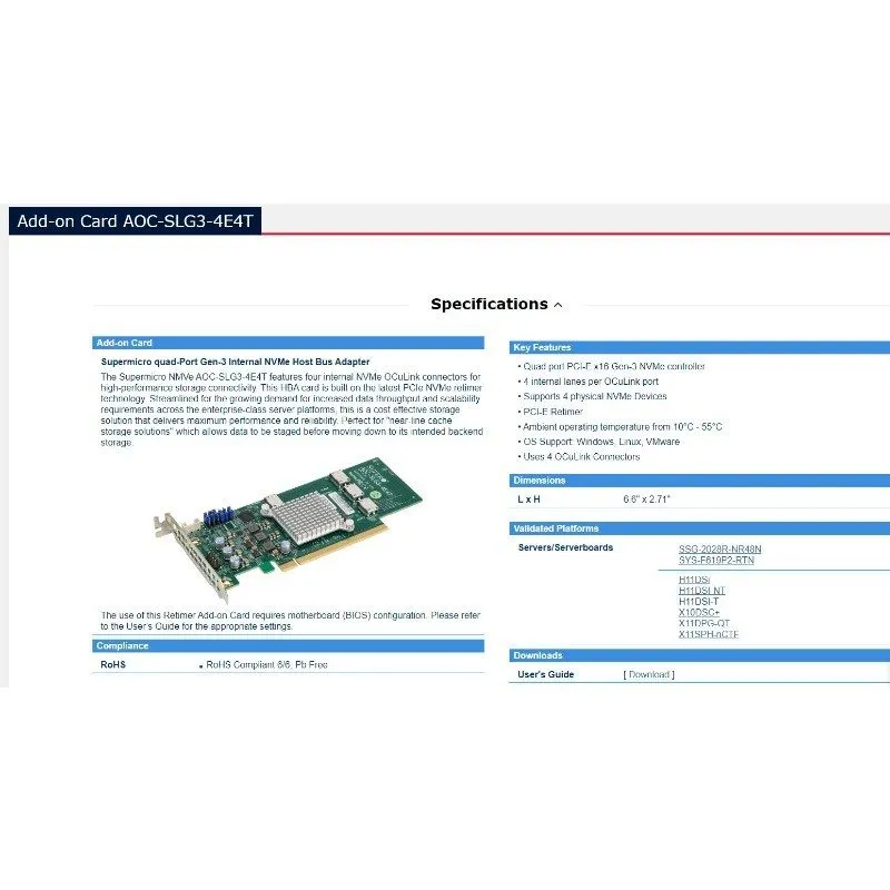Кабель AOC-SLG3-4E4T Supermicro PCIe OcuLink Low Profile 3.0 NVME U.2 Expansion