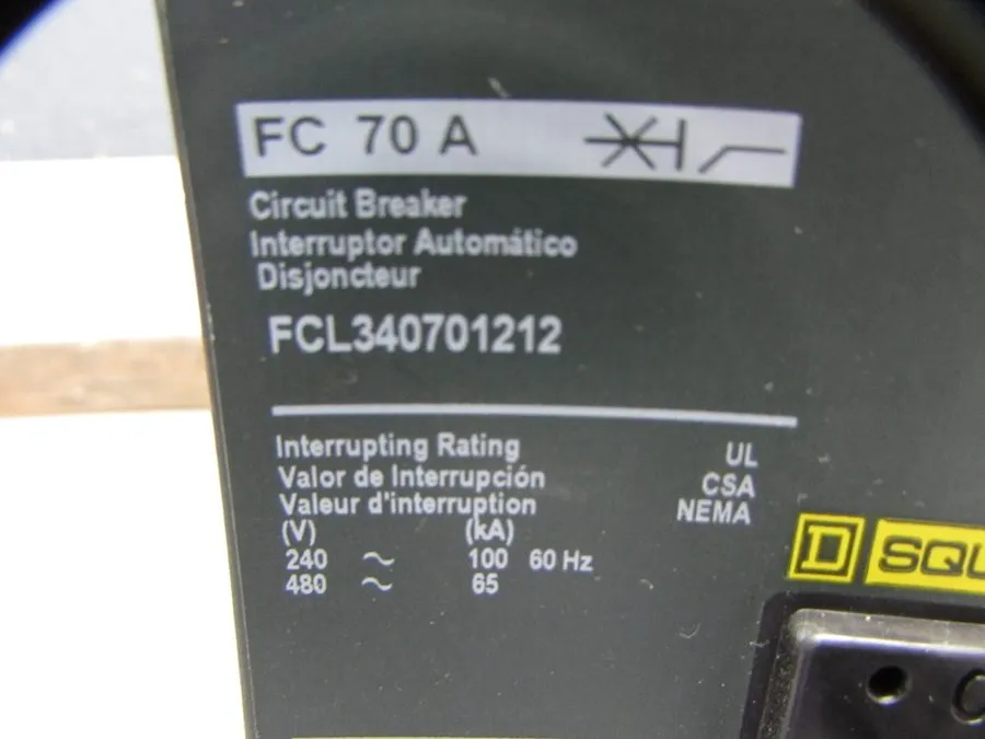 Автоматический выключатель Square D FCL340701212, Circuit Breaker, 3P/480V/70A