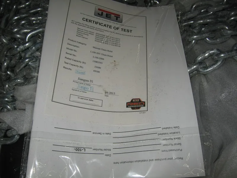 Таль JET TOOLS L-100-2000-15 102015 Manual Chain Hoist, 20 Ton, 15' Lift — фото лота 2