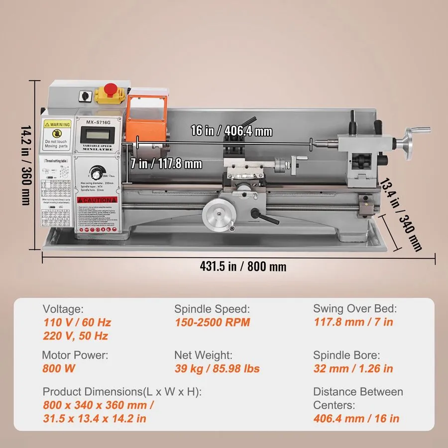 Оборудование ЧПУ Mini Metal Lathe 7''x16'' 150-2500 RPM Variable 800W Metalworki