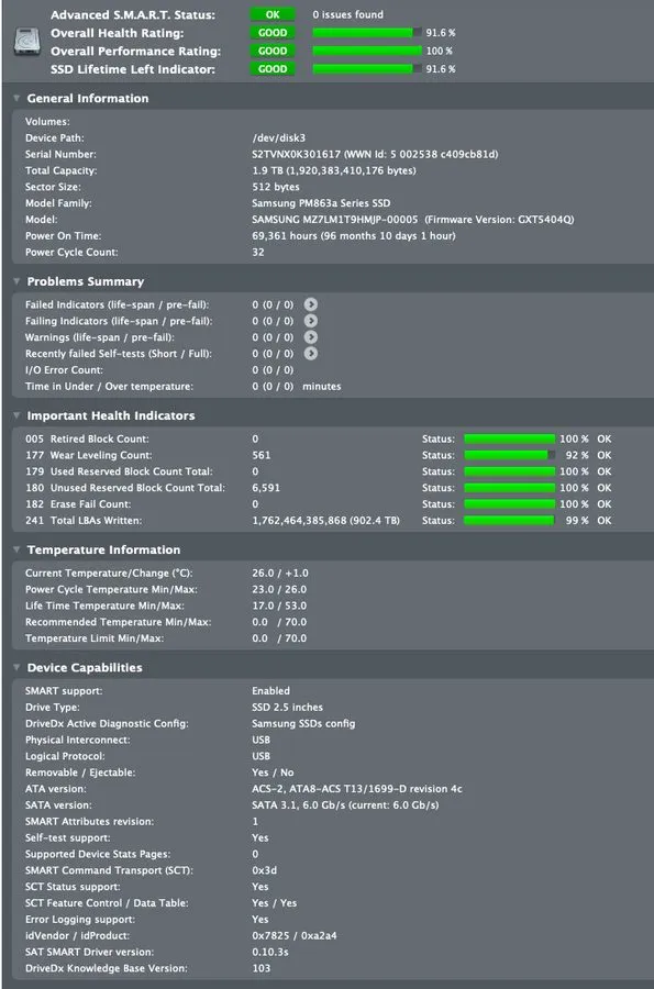 SSD-накопитель 97-99%health Samsung PM863a 1.92 TB MZ7LM1T9HMJP SATA 6Gb/s 2.5"  — фото лота 1