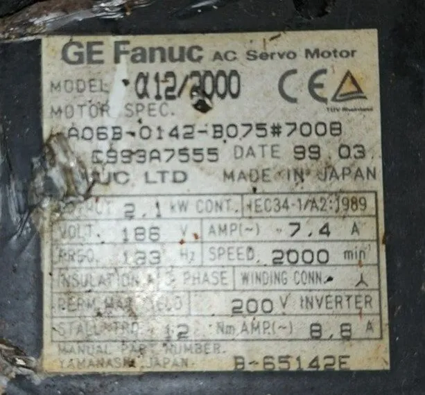 Серводвигатель Fanuc A06B-0142-B075 AC Servo Motor a12/2000 2.1kW 186V 2000rpm 7
