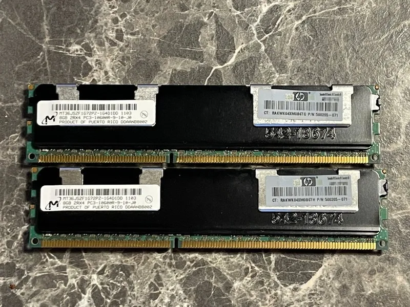 Модуль памяти 2x Micron 8GB 2Rx4 PC3-10600R ECC DIMM (MT36JSZF1G72PZ-1G4D1DD/HPE