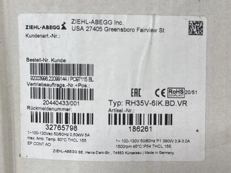 Вентилятор Ziehl-Abegg RH35V-6IK.BD.VR 200-277VAC 1680RPM Centrifugal Fan 2500 C