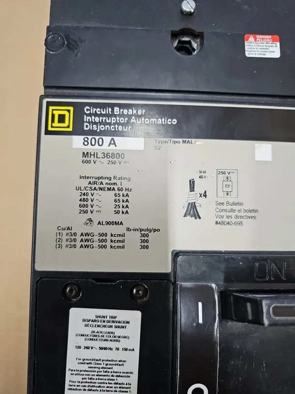 Автоматический выключатель SQUARE D MHL36800 800Amp 3P 480V 65kA Type MHL Adjust