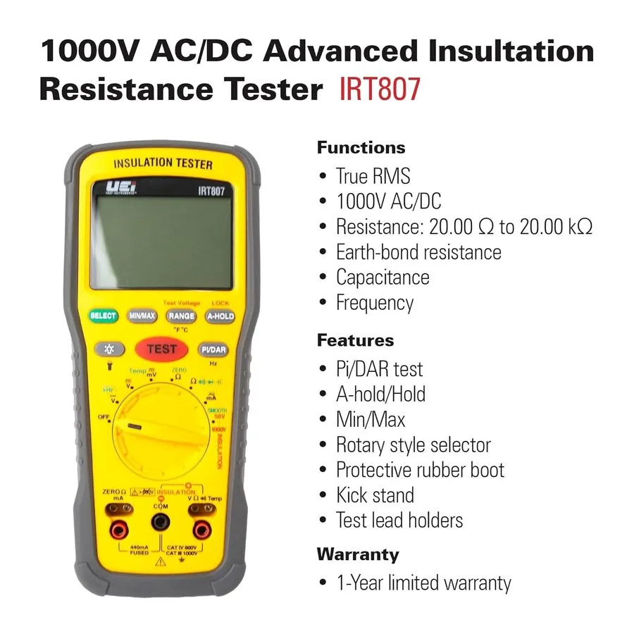 Тестер Uei IRT807 Insulation Resistance Tester 1000V AC/DC, Advanced Megohmmeter