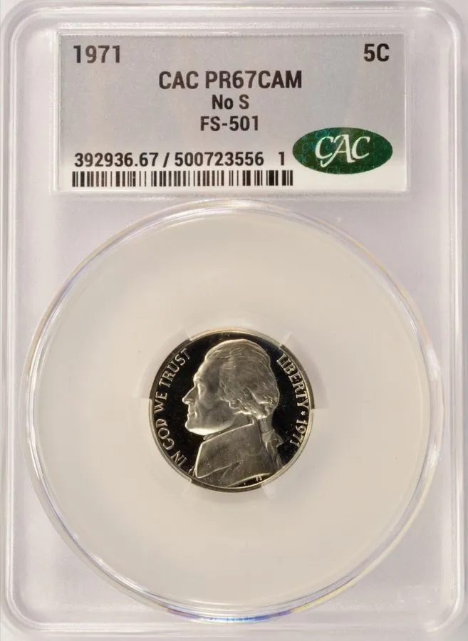 Лабораторный прибор 1971-S 5c Proof Jefferson Nickel No S mark FS-501 CACG PR65 — фото лота 2