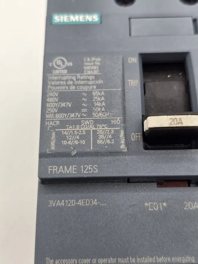 Автоматический выключатель Siemens 3VA4120-4ED34-0AA0 3p 20a Circuit Breaker Fra