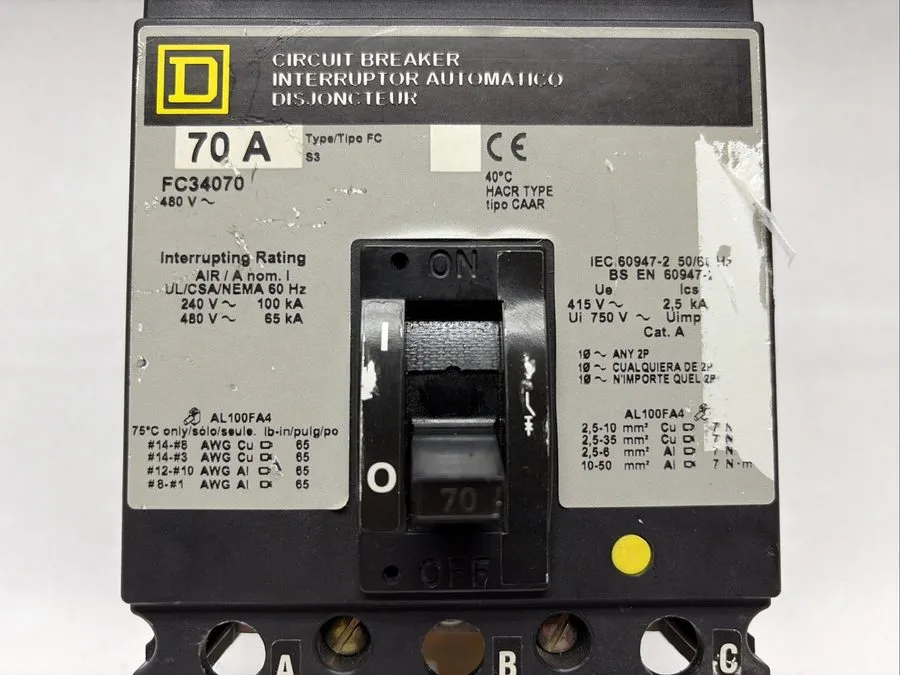 Автоматический выключатель Square D FC34070 70A 3P 480V I-Line Molded Case Circu — фото лота 1