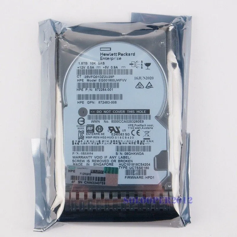 Жёсткий диск HPE 872481-B21 872738-001 1.8TB SAS 10K RPM 12Gb 2.5" SFF 512E HDD 