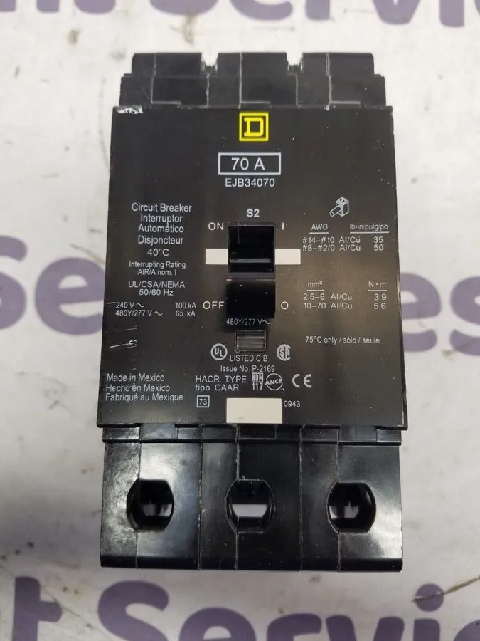 Автоматический выключатель Square D EJB34070 3 Pole 70 Amp 480V Circuit Breaker 