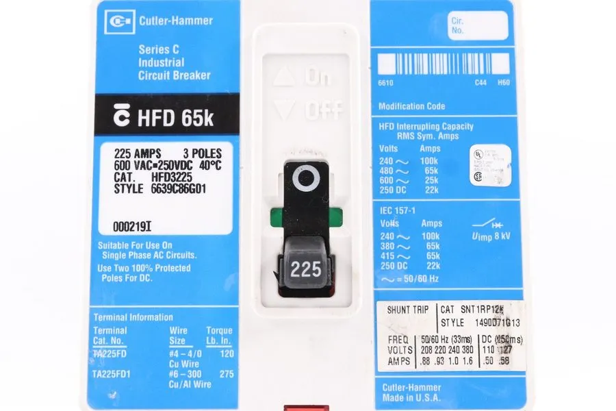 Автоматический выключатель EATON HFD3225 225A 3-POLE CIRCUIT BREAKER, 65KA@480V 