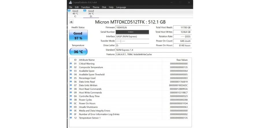 SSD-накопитель Micron 2450 512GB M.2 2242 PCIe Gen4 x4 NVMe SSD MTFDKCD512TFK 96