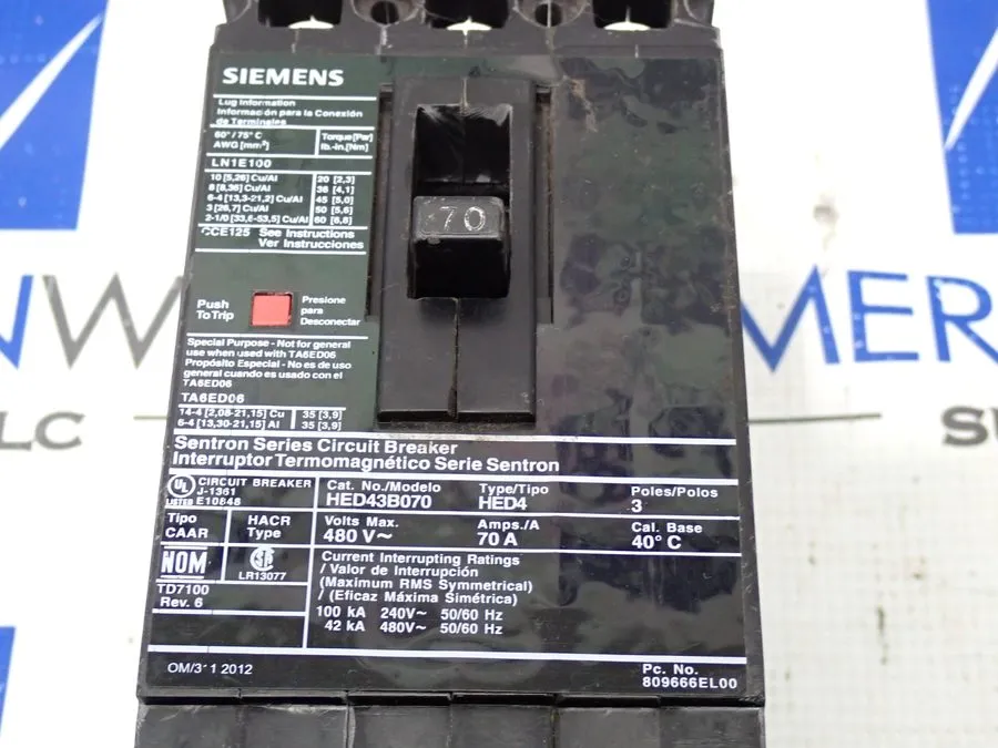 Автоматический выключатель Siemens HED43B070 Sentron Series Circuit Breaker 70A 
