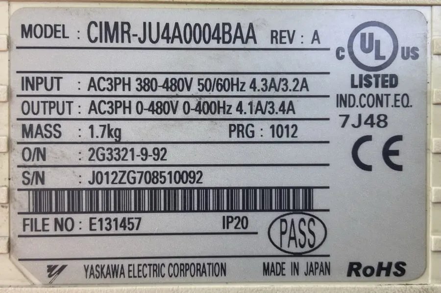 Частотный преобразователь YASKAWA CIMR-JU4A0004BAA REV A J1000 AC DRIVE OUTPUT A