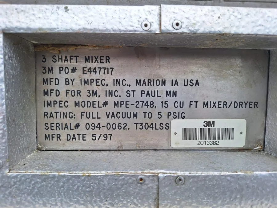 Мешалка Impec MPE-2748 Paddle Mixer Agitator Dryer 15 Cu. Ft. Jacketed 304SS 10  — фото лота 1