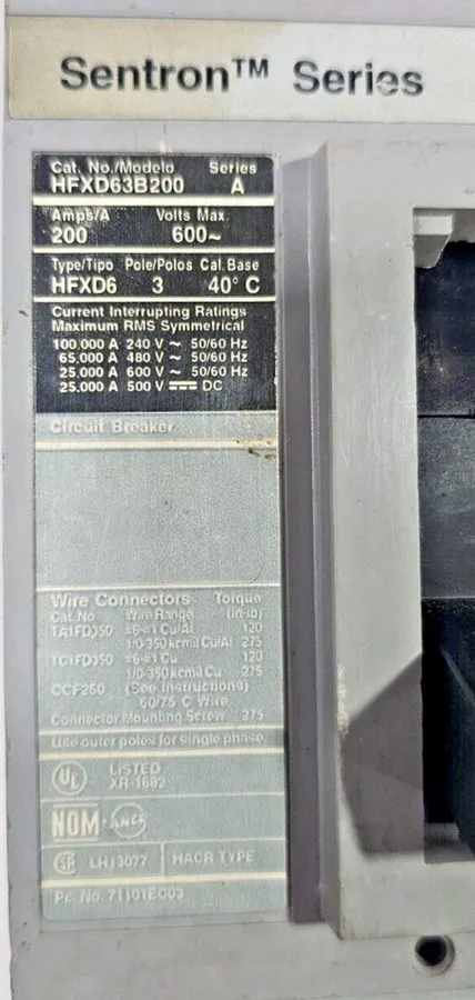 Автоматический выключатель Siemens HFXD63B200 Sentron Molded Case Circuit Breake